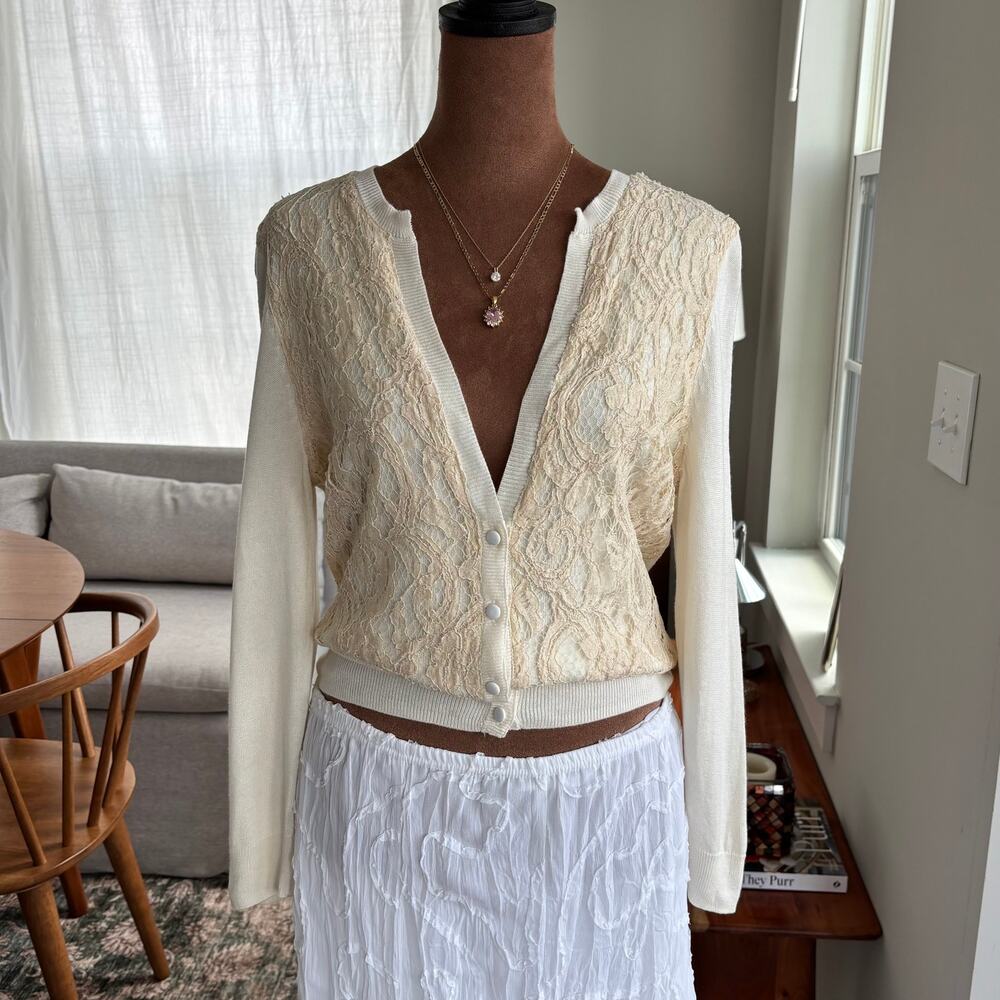 90s Vintage Caché Silk Wool Blend Cardigan Lace Front Cream Summer Knit Medium
